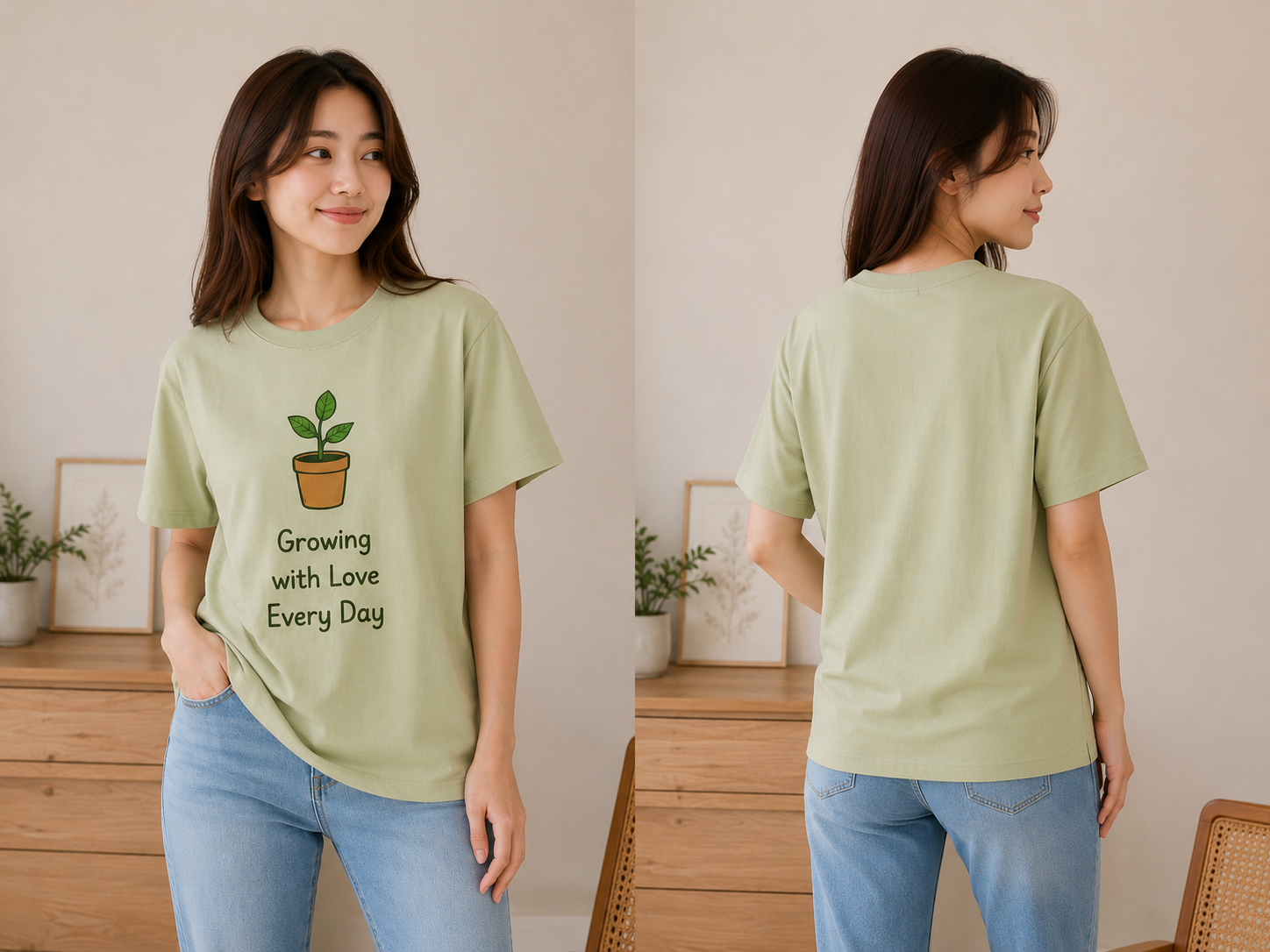 Minimal Sage Green “Growing with Love Every Day” Graphic T-Shirt – Cute Plant Design Tee