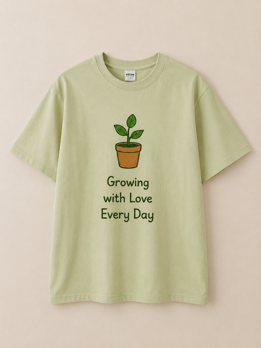Minimal Sage Green “Growing with Love Every Day” Graphic T-Shirt – Cute Plant Design Tee