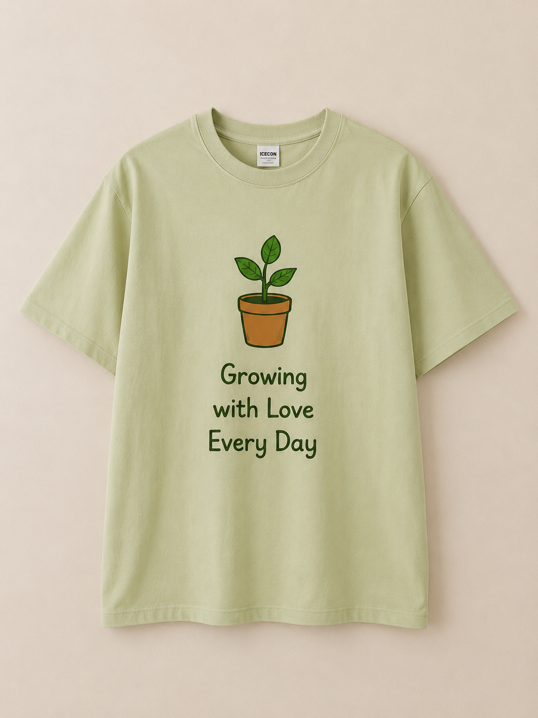 Minimal Sage Green “Growing with Love Every Day” Graphic T-Shirt – Cute Plant Design Tee