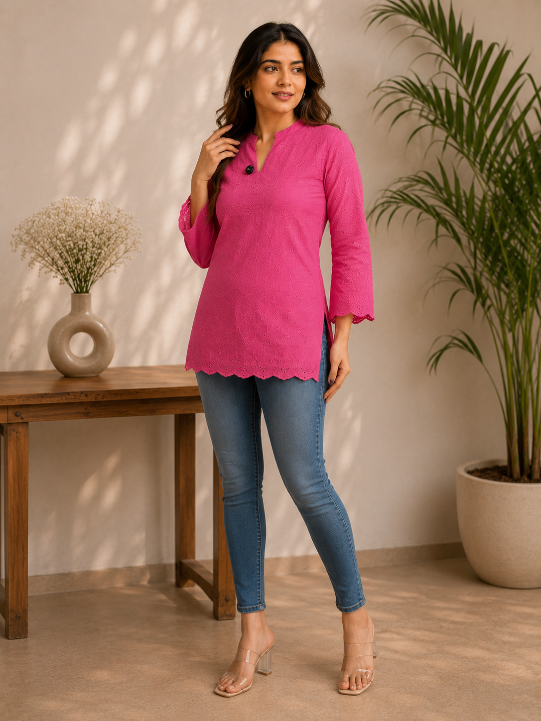 Hot Pink Eyelet Embroidered V-Neck Kurta Top