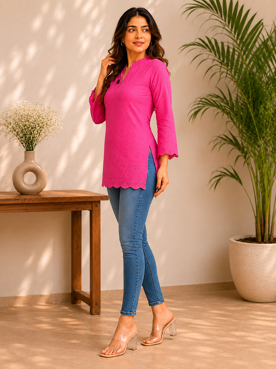 Hot Pink Eyelet Embroidered V-Neck Kurta Top