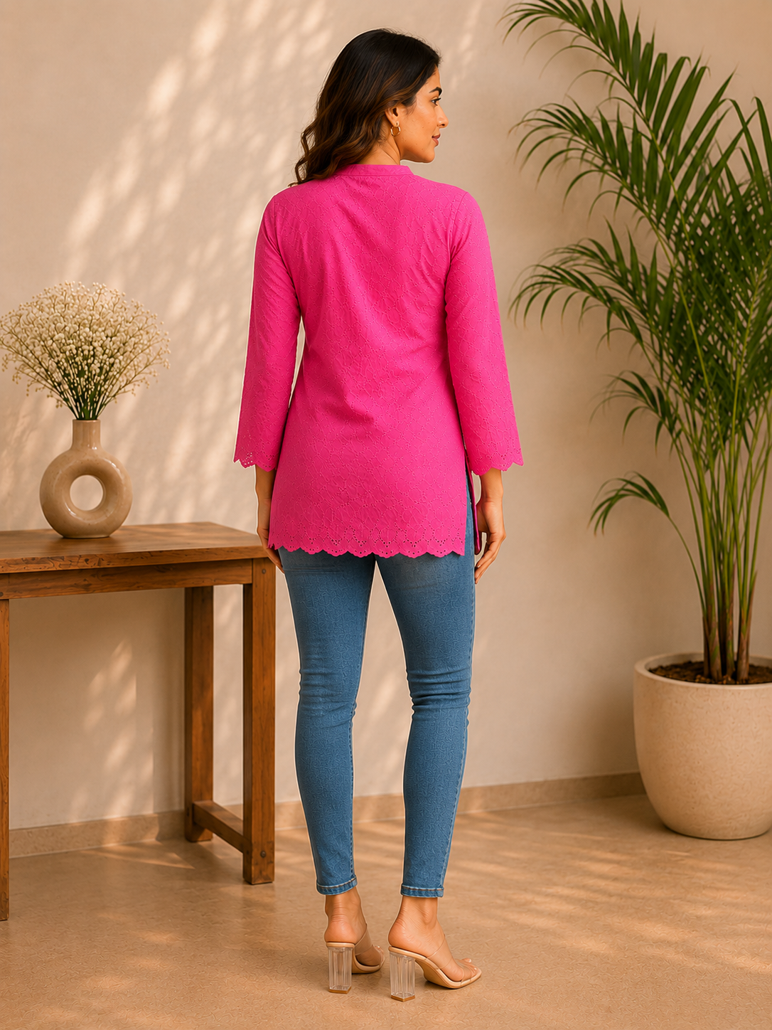 Hot Pink Eyelet Embroidered V-Neck Kurta Top