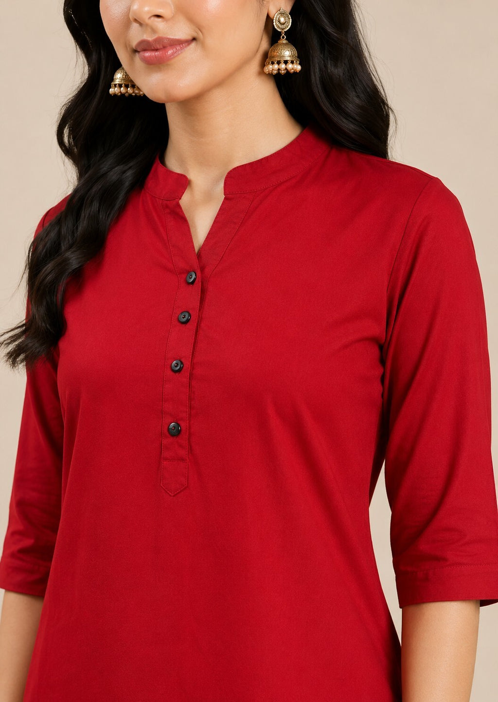 Red Mandarin Collar Kurta Dress with Button Detail