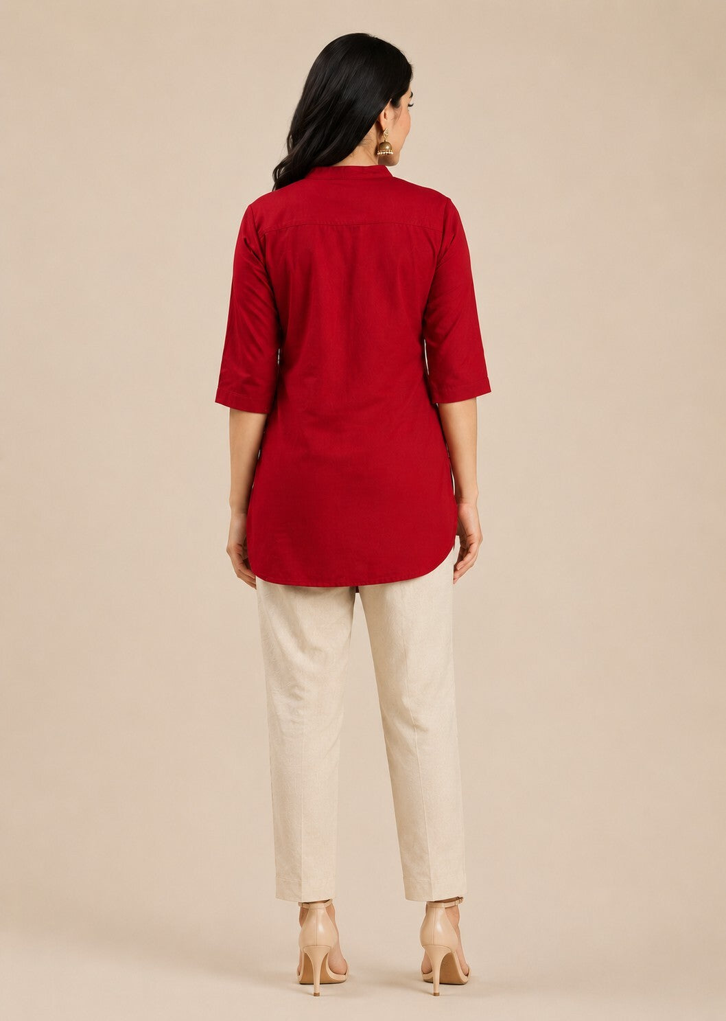 Red Mandarin Collar Kurta Dress with Button Detail