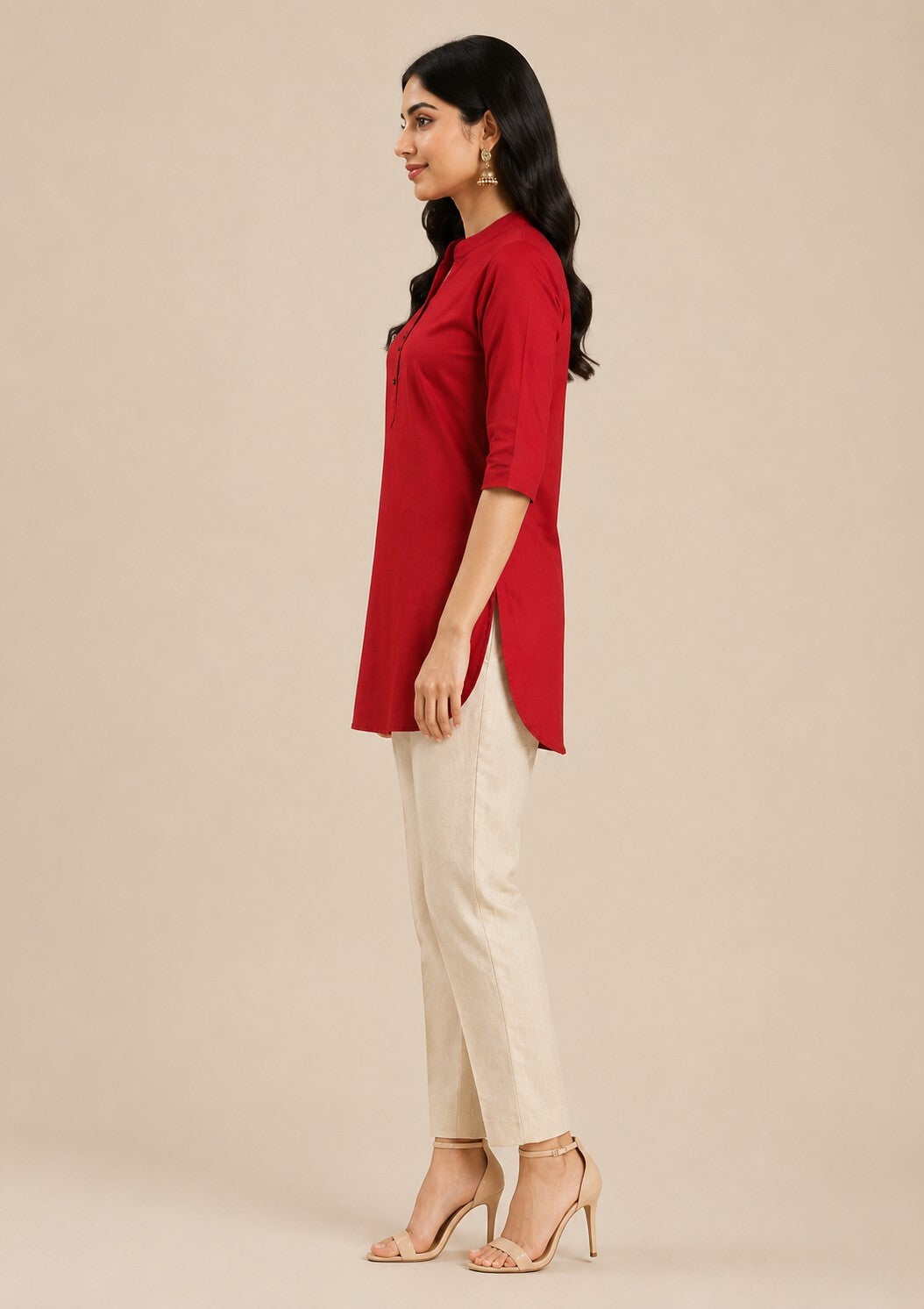 Red Mandarin Collar Kurta Dress with Button Detail