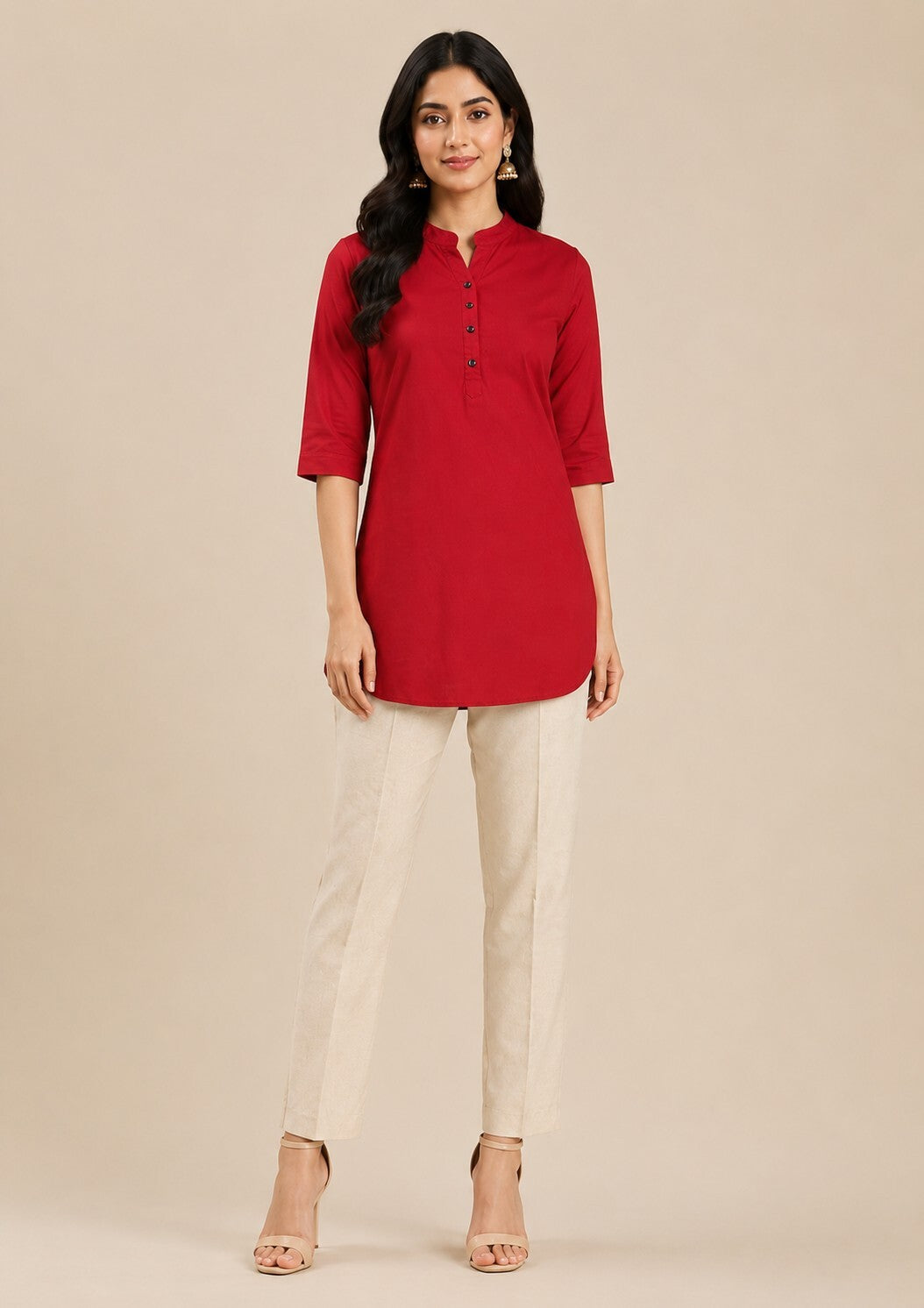 Red Mandarin Collar Kurta Dress with Button Detail
