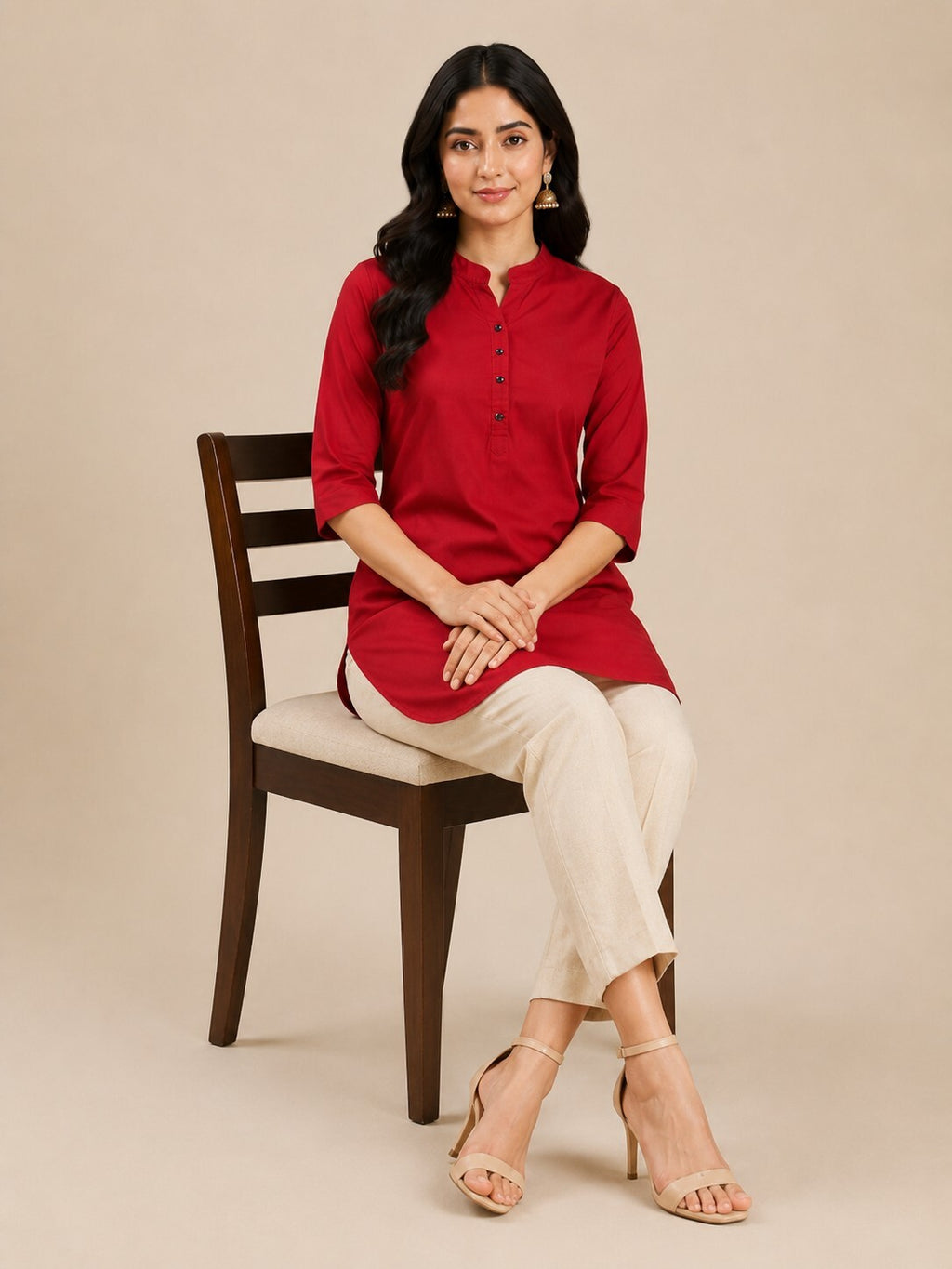 Red Mandarin Collar Kurta Dress with Button Detail