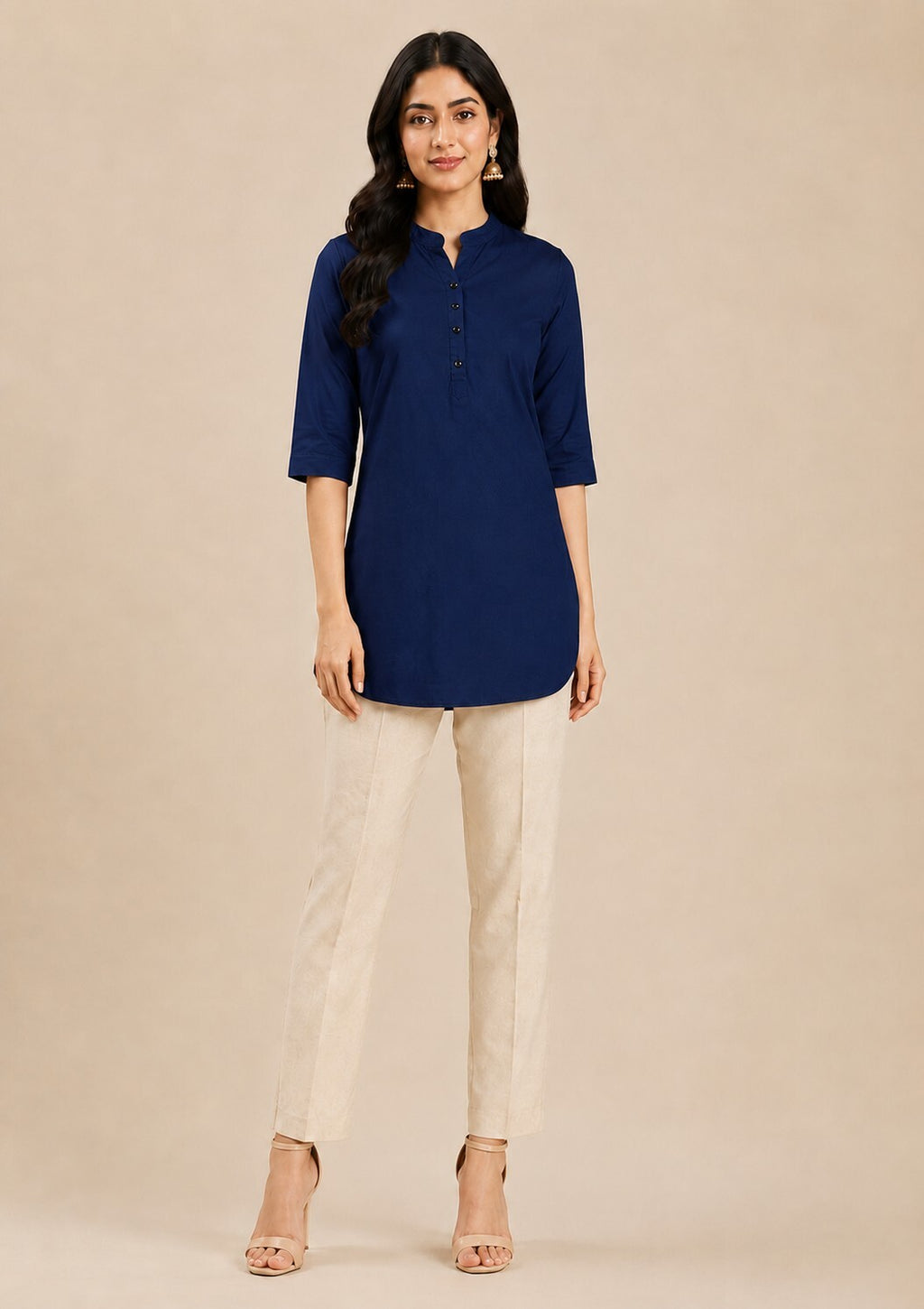 Navy Blue V-Neck Kurta with Button Detail