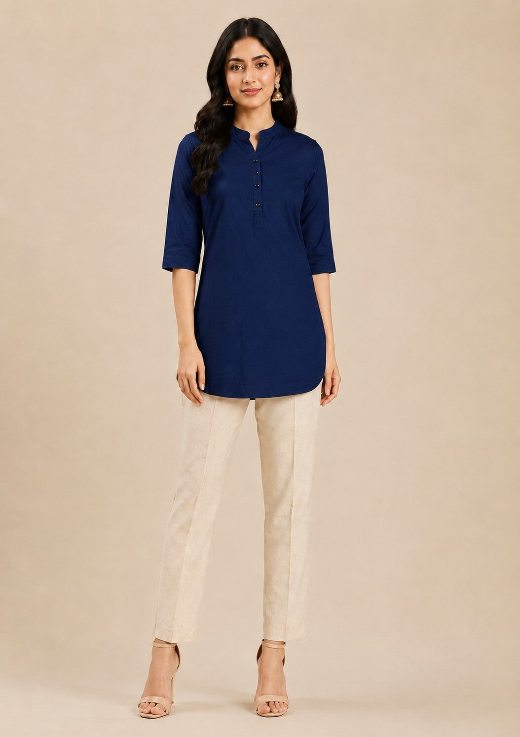 Navy Blue V-Neck Kurta with Button Detail