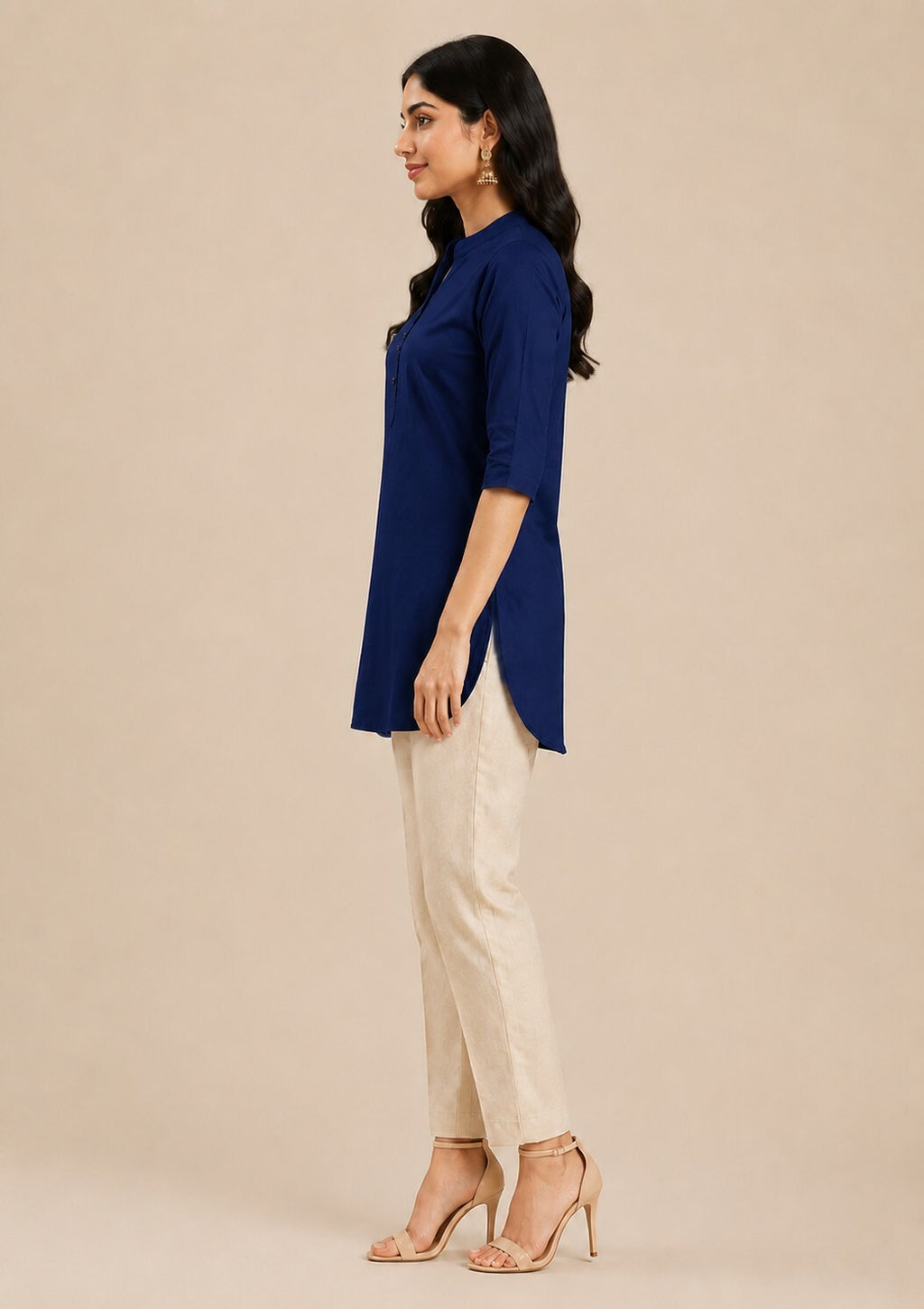 Navy Blue V-Neck Kurta with Button Detail