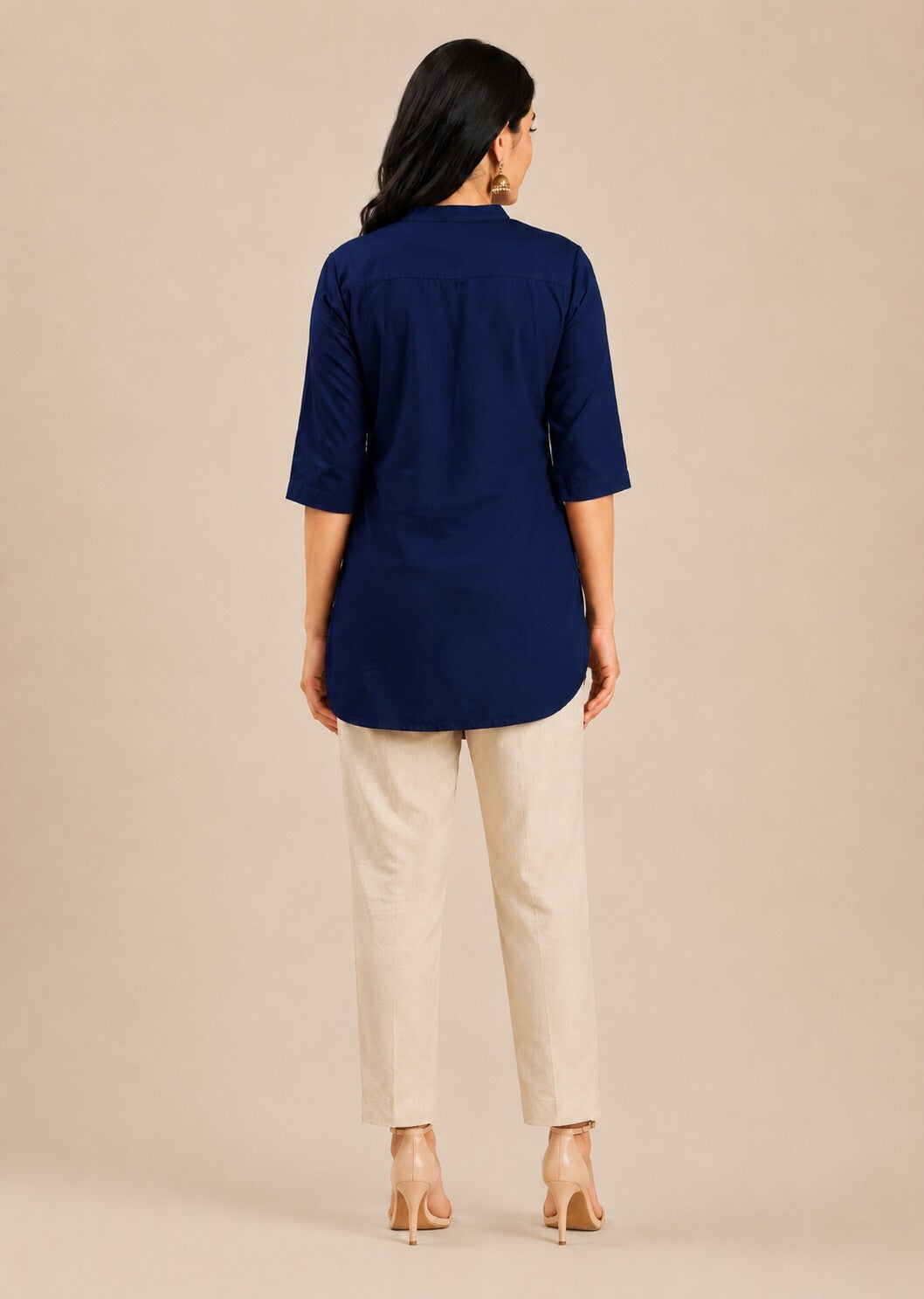 Navy Blue V-Neck Kurta with Button Detail