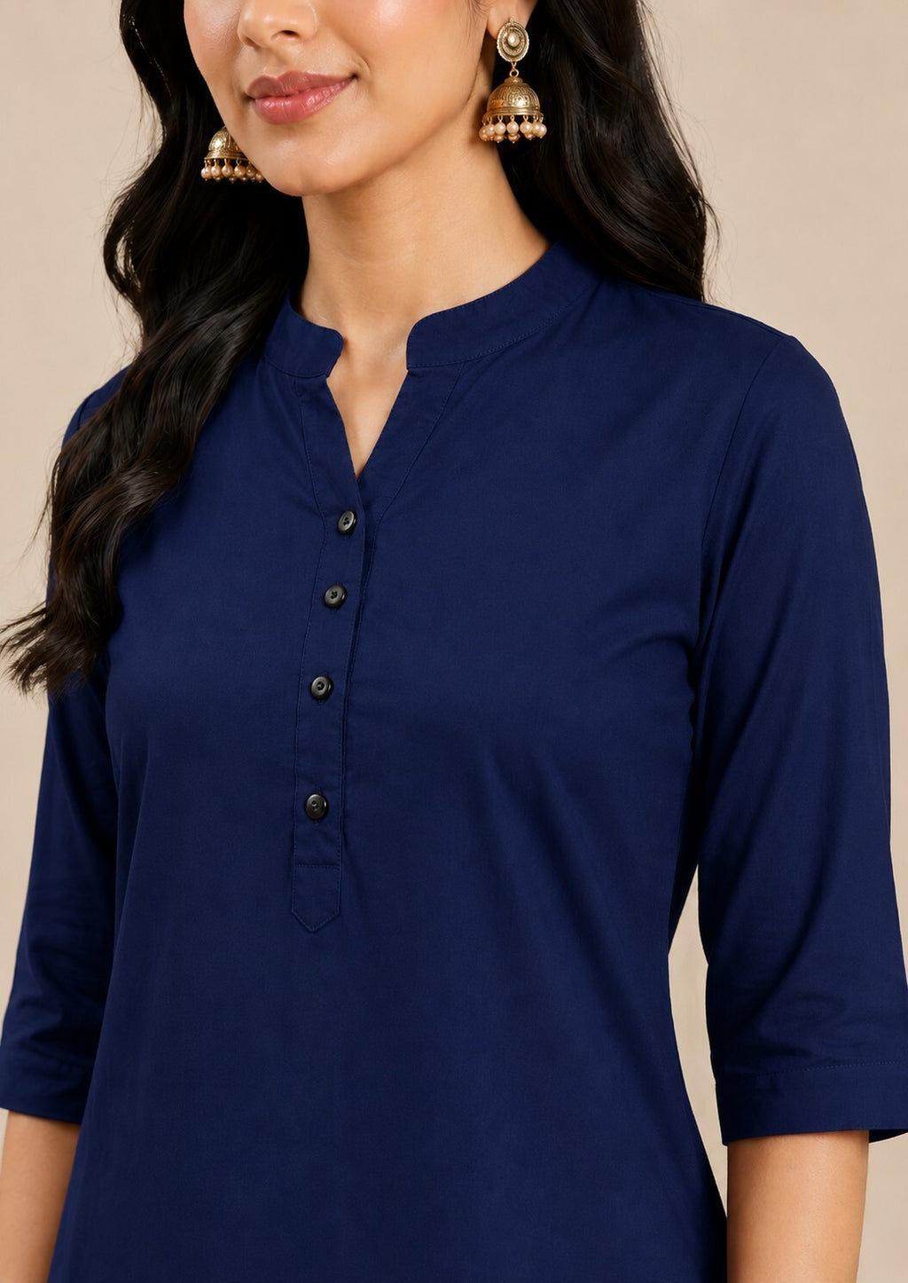 Navy Blue V-Neck Kurta with Button Detail