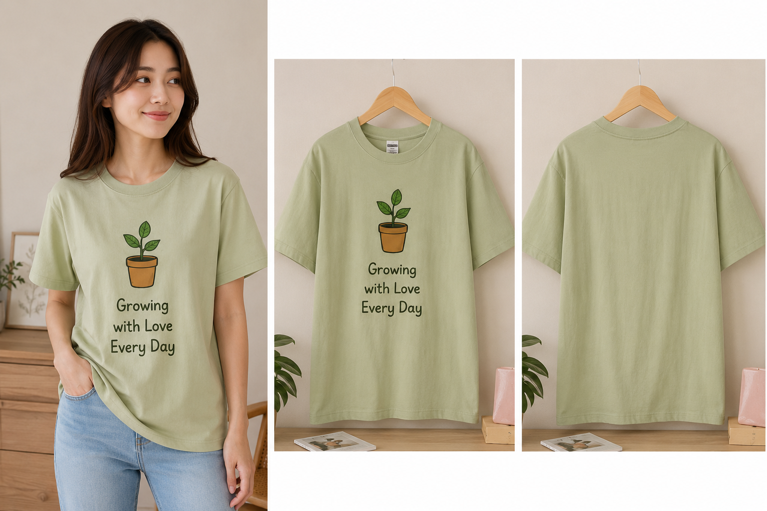 Minimal Sage Green “Growing with Love Every Day” Graphic T-Shirt – Cute Plant Design Tee