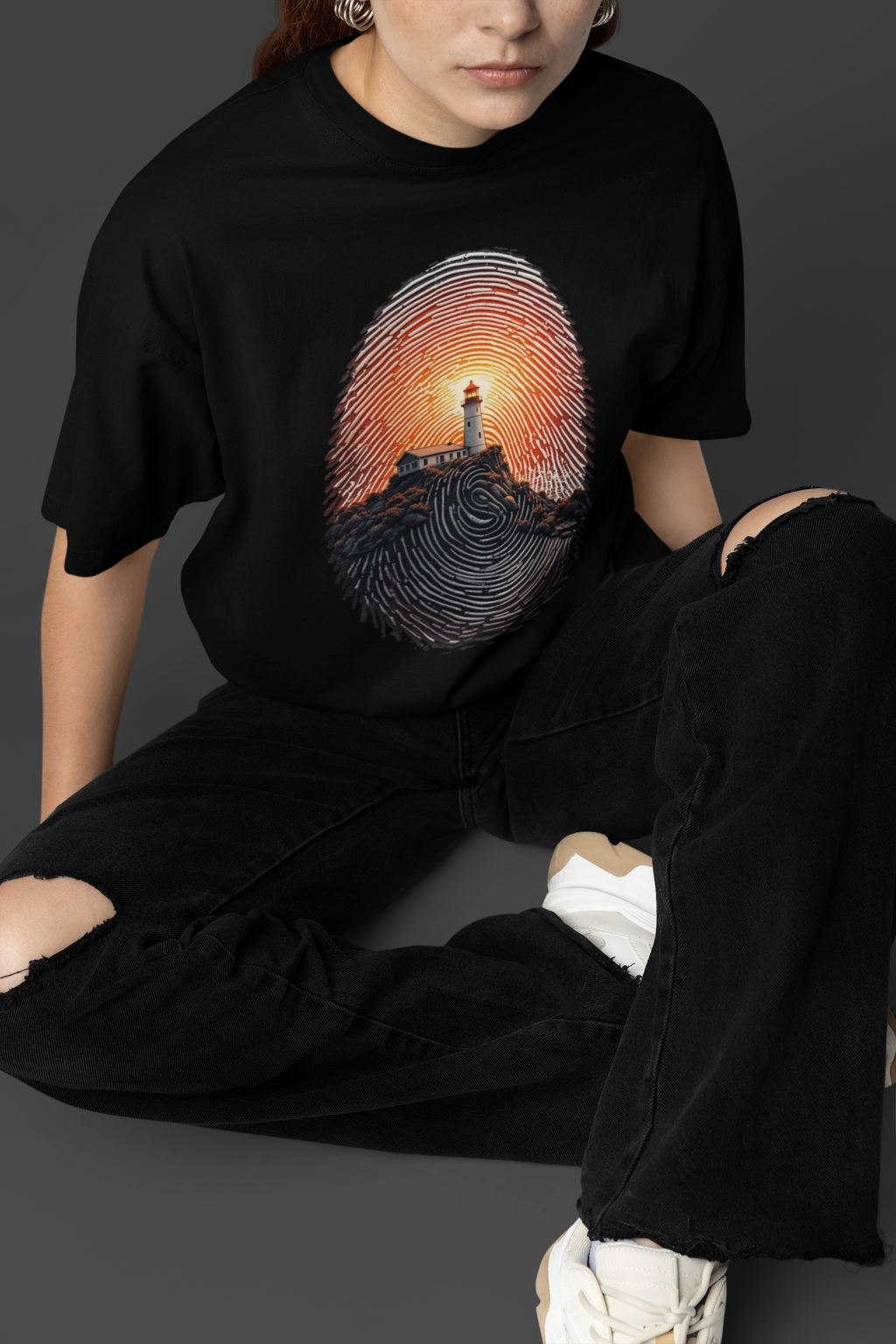 Lighthouse Fingerprint Art Graphic T-Shirt