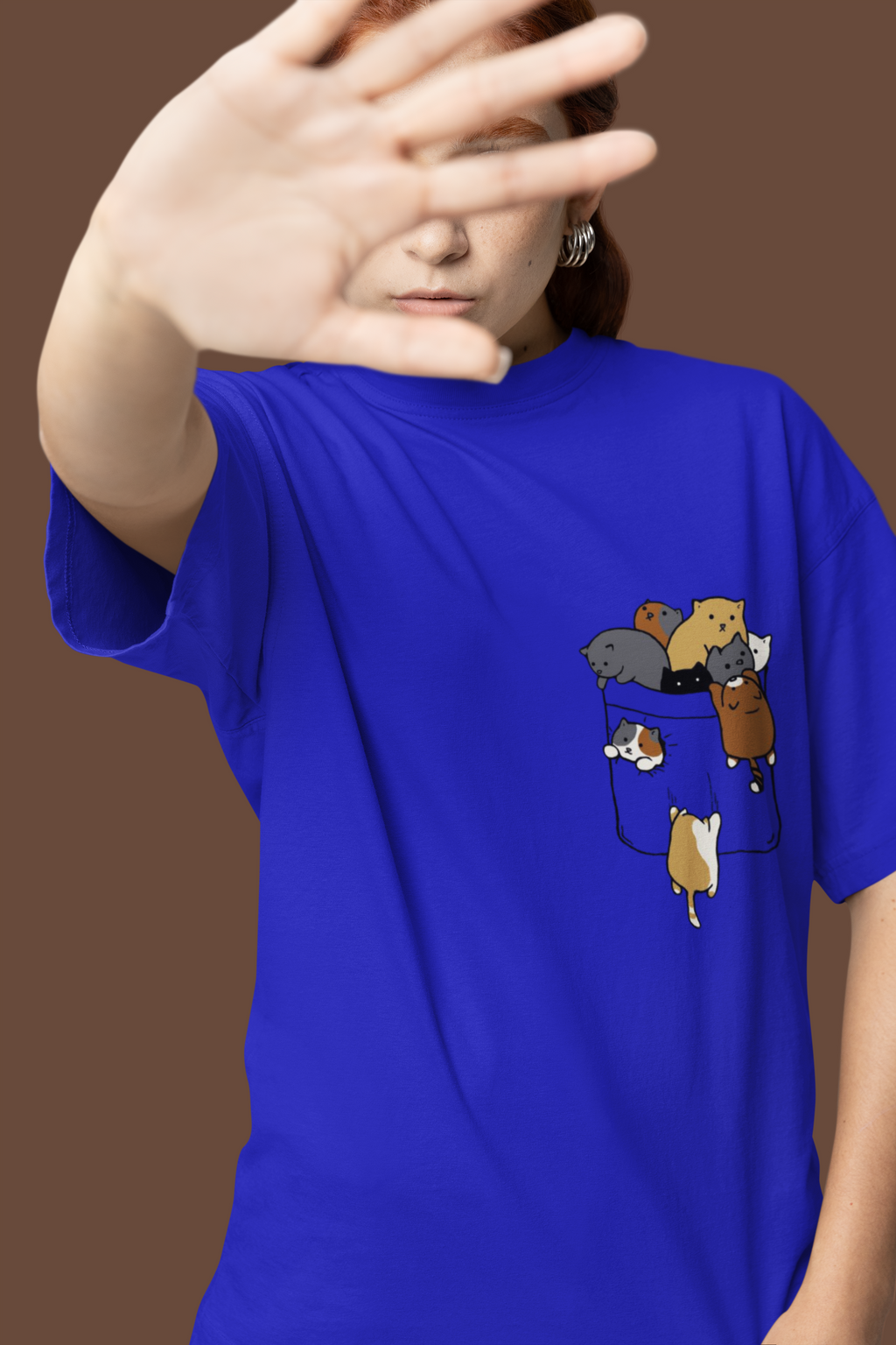 Pocket Cats Graphic Blue Oversized T-Shirt