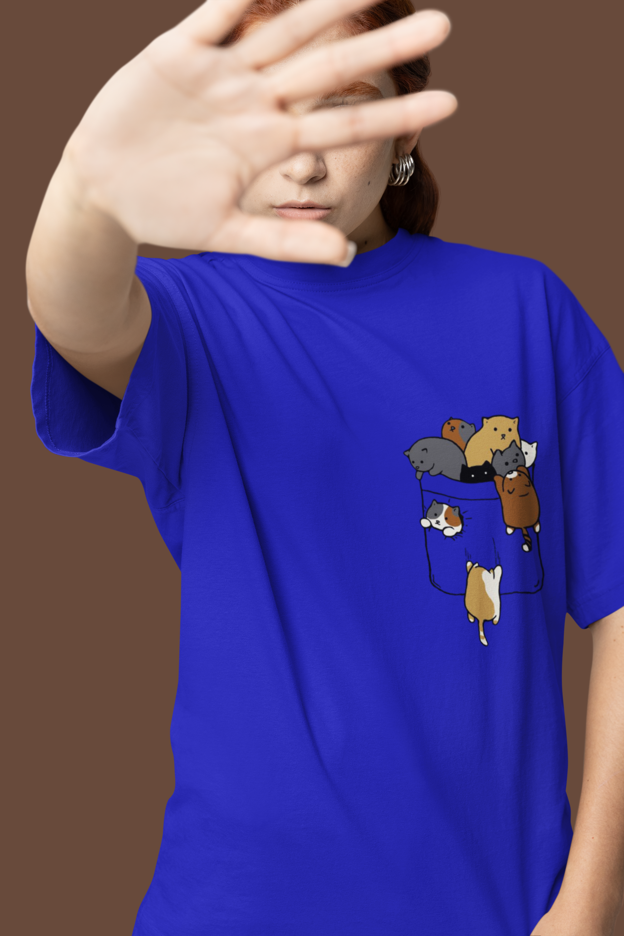 Pocket Cats Graphic Blue Oversized T-Shirt