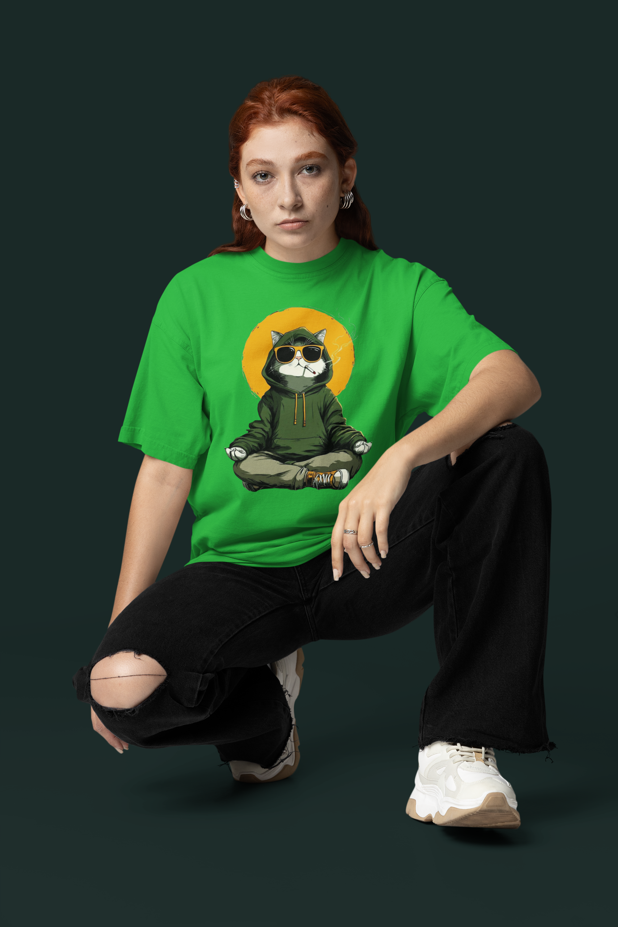 Chill Cat Astronaut Graphic Green Oversized T-Shirt