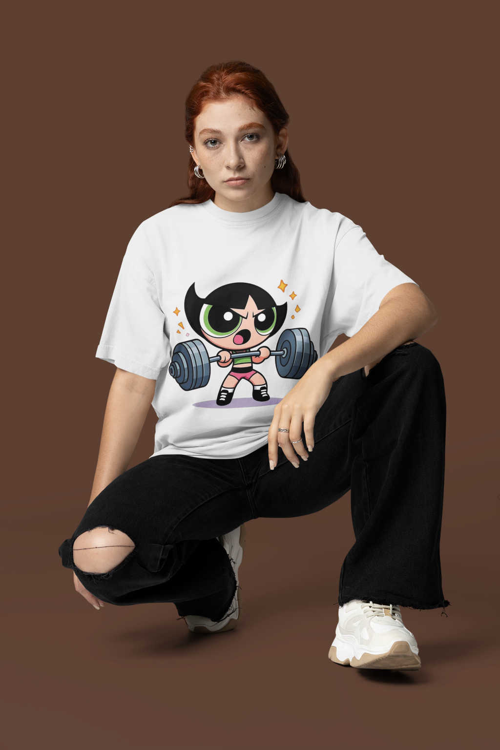 Cartoon Power Powerlifting Graphic White T-Shirt