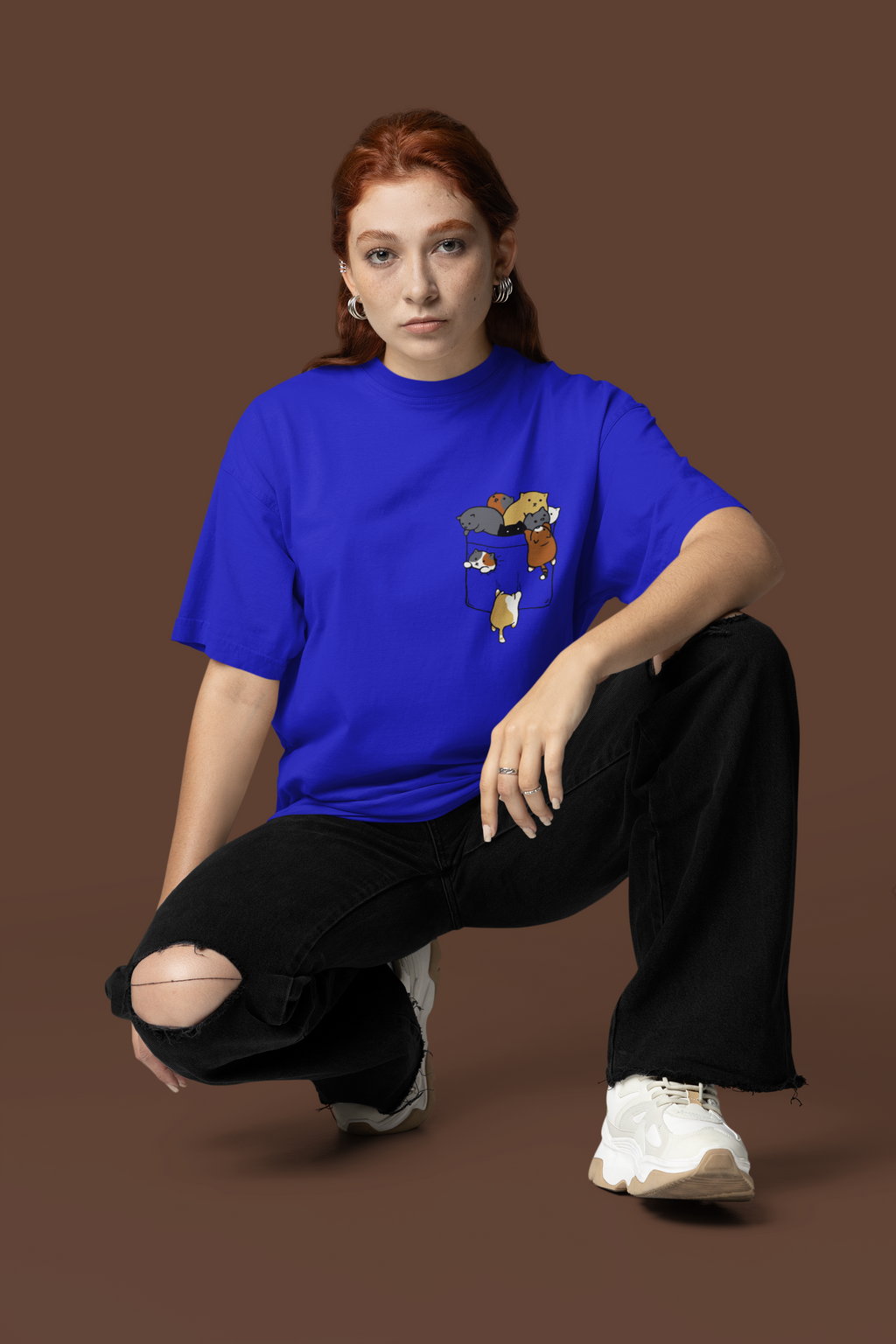 Pocket Cats Graphic Blue Oversized T-Shirt