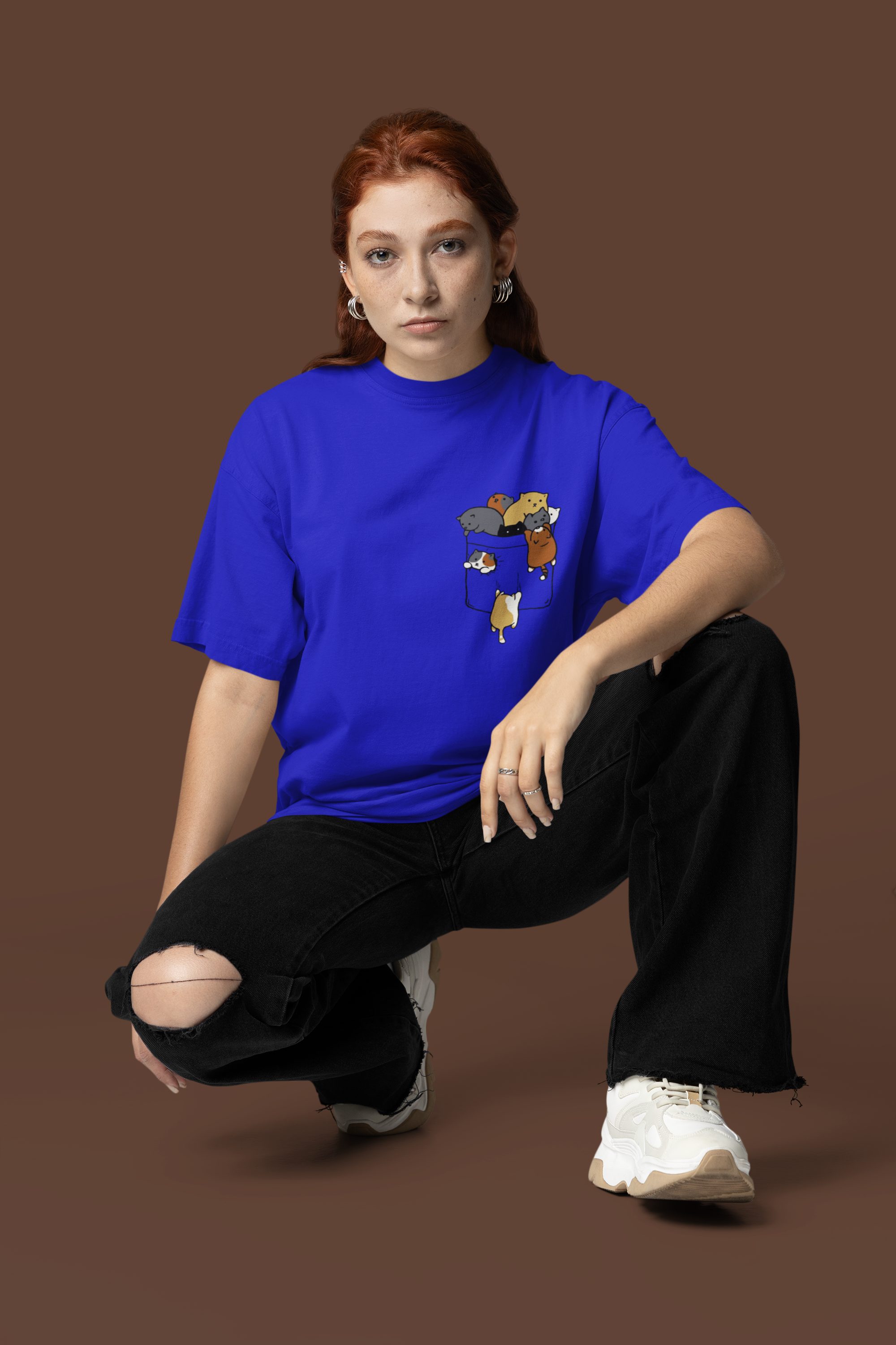Pocket Cats Graphic Blue Oversized T-Shirt