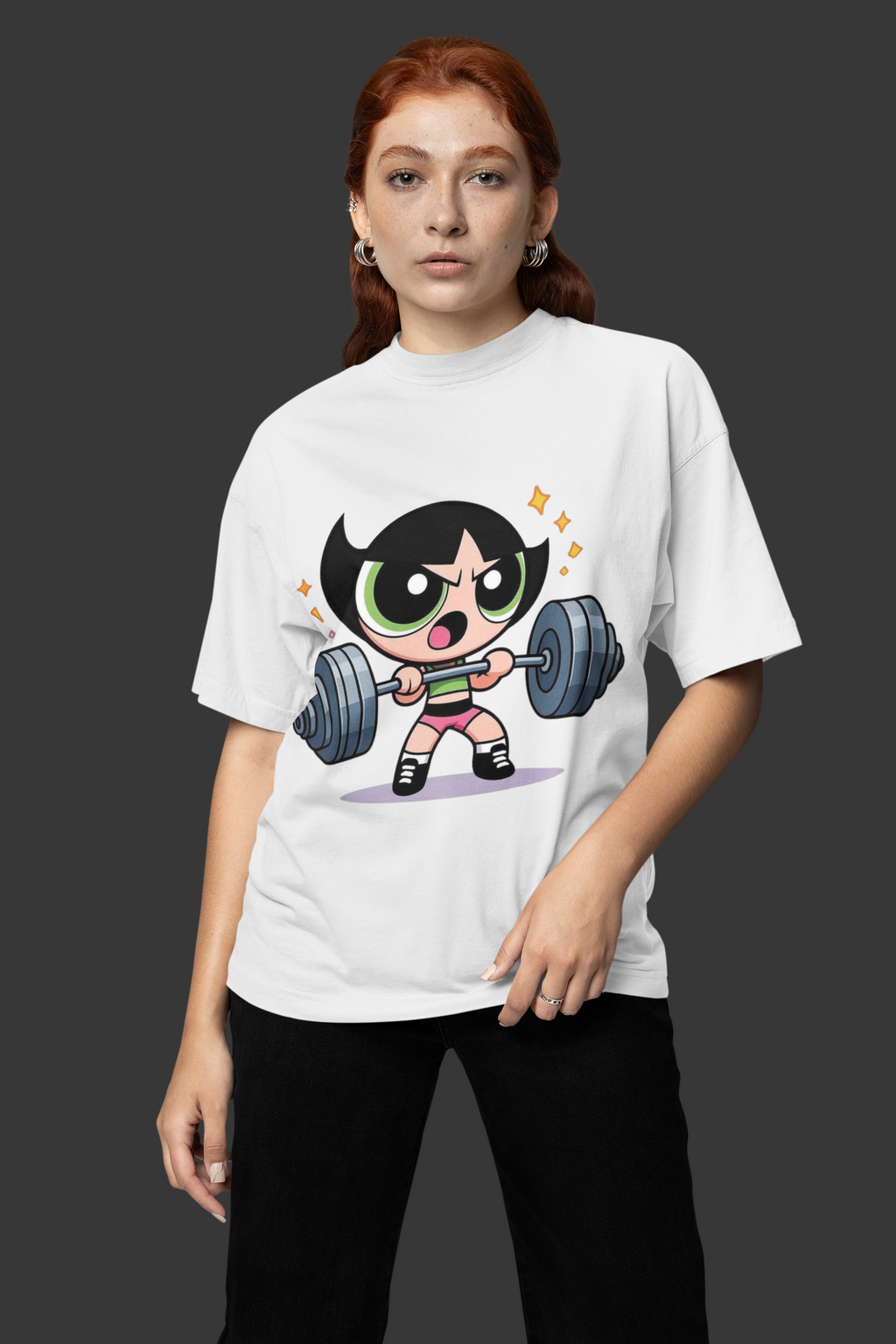 Cartoon Power Powerlifting Graphic White T-Shirt