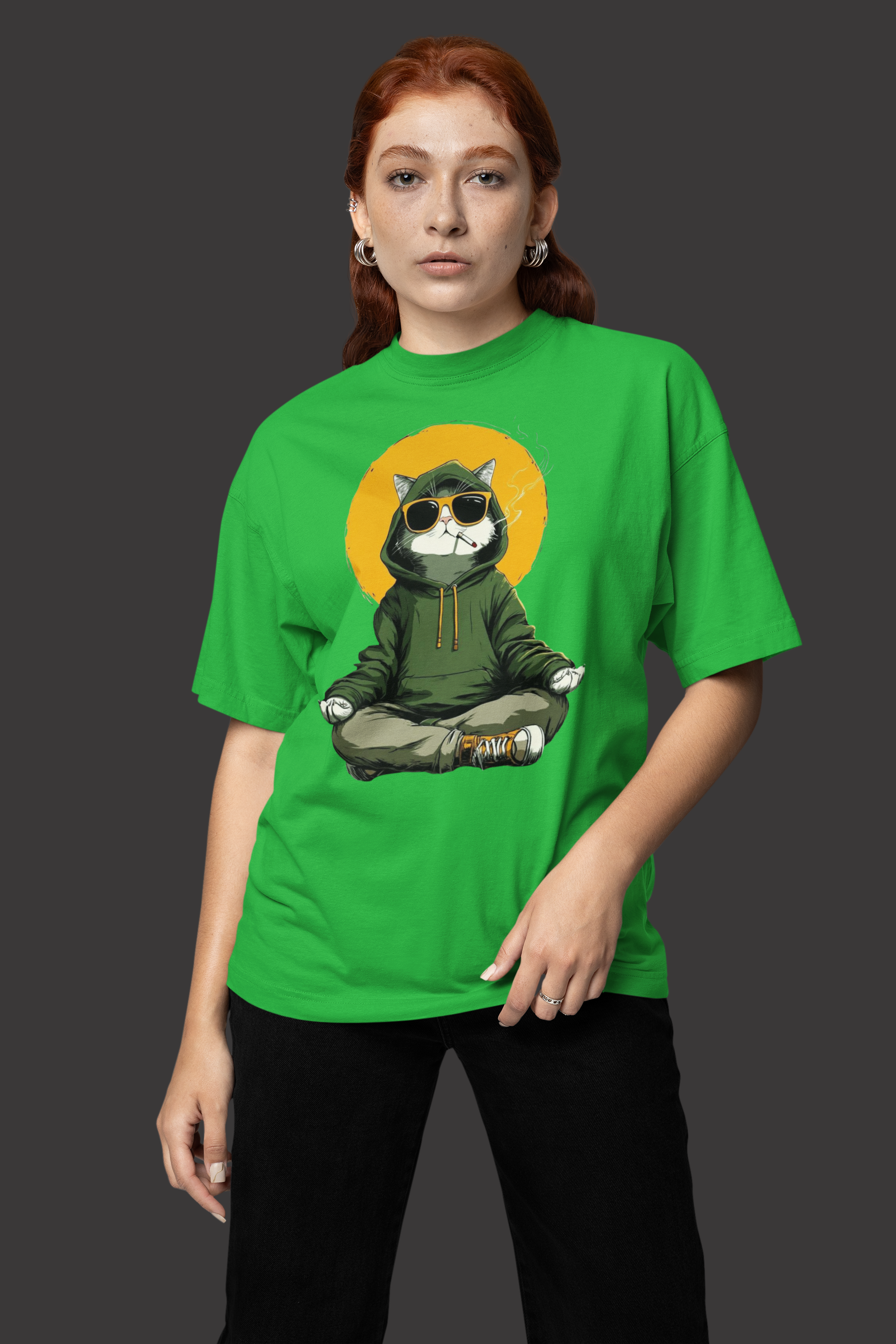 Chill Cat Astronaut Graphic Green Oversized T-Shirt
