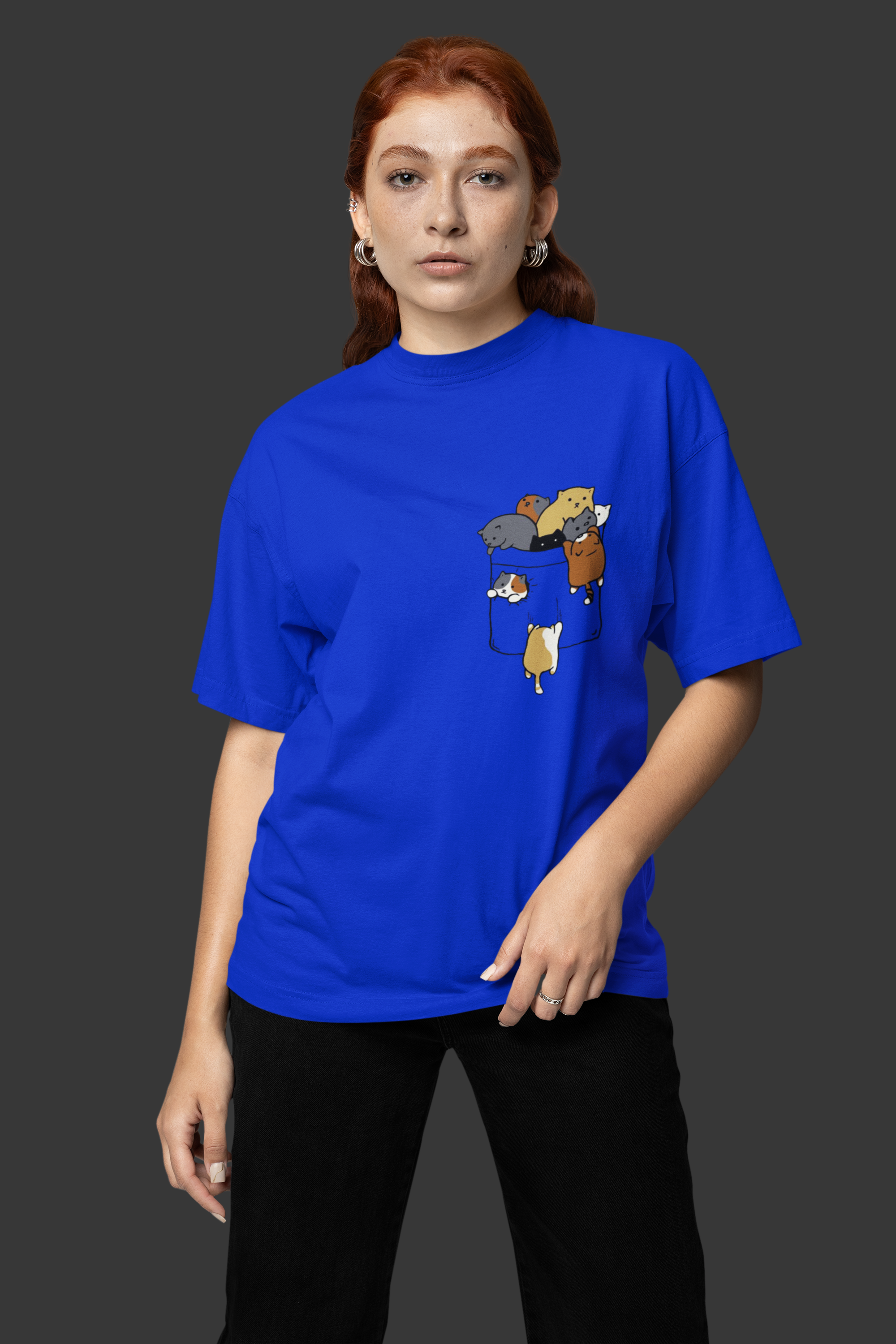 Pocket Cats Graphic Blue Oversized T-Shirt