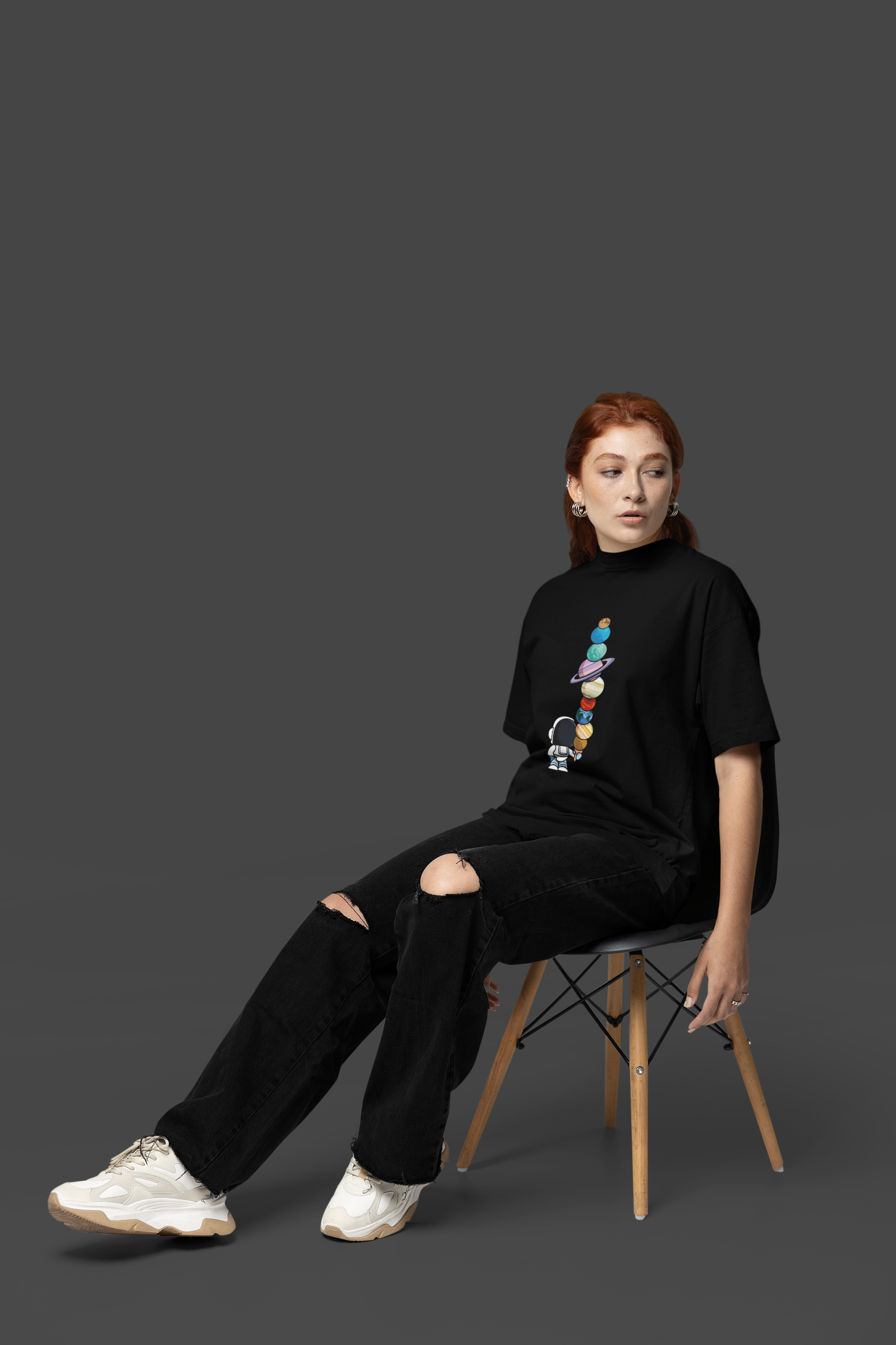 Cosmic Astronaut Planet Stack Graphic T-Shirt