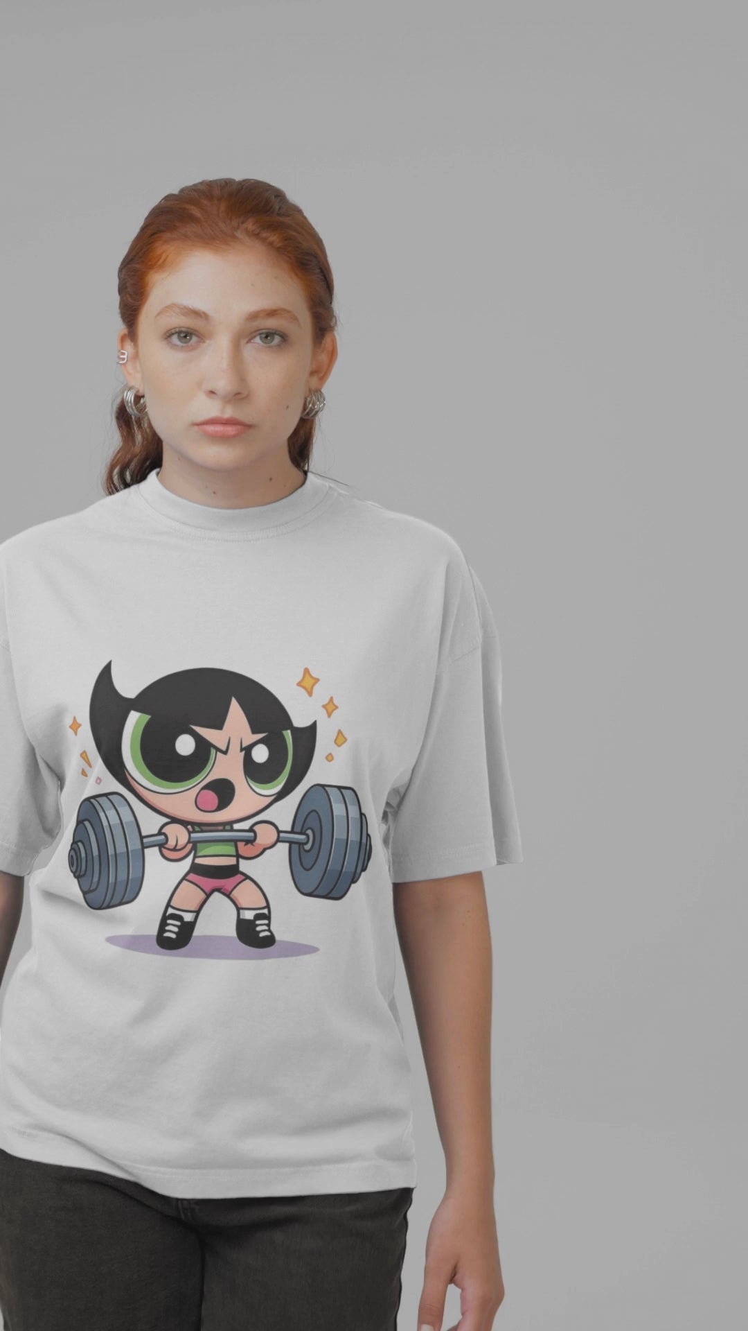 Cartoon Power Powerlifting Graphic White T-Shirt